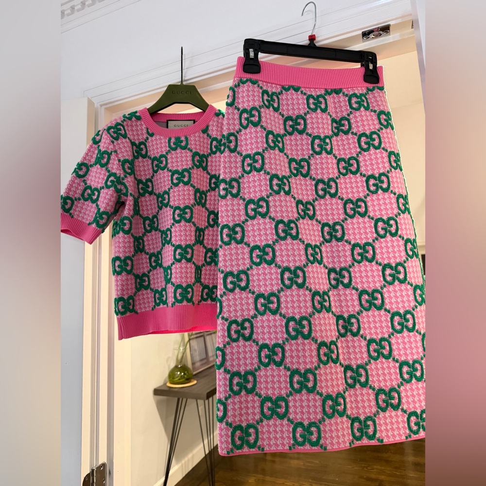 Gucci Pink and Green GG Knit Top & Midi Skirt Set